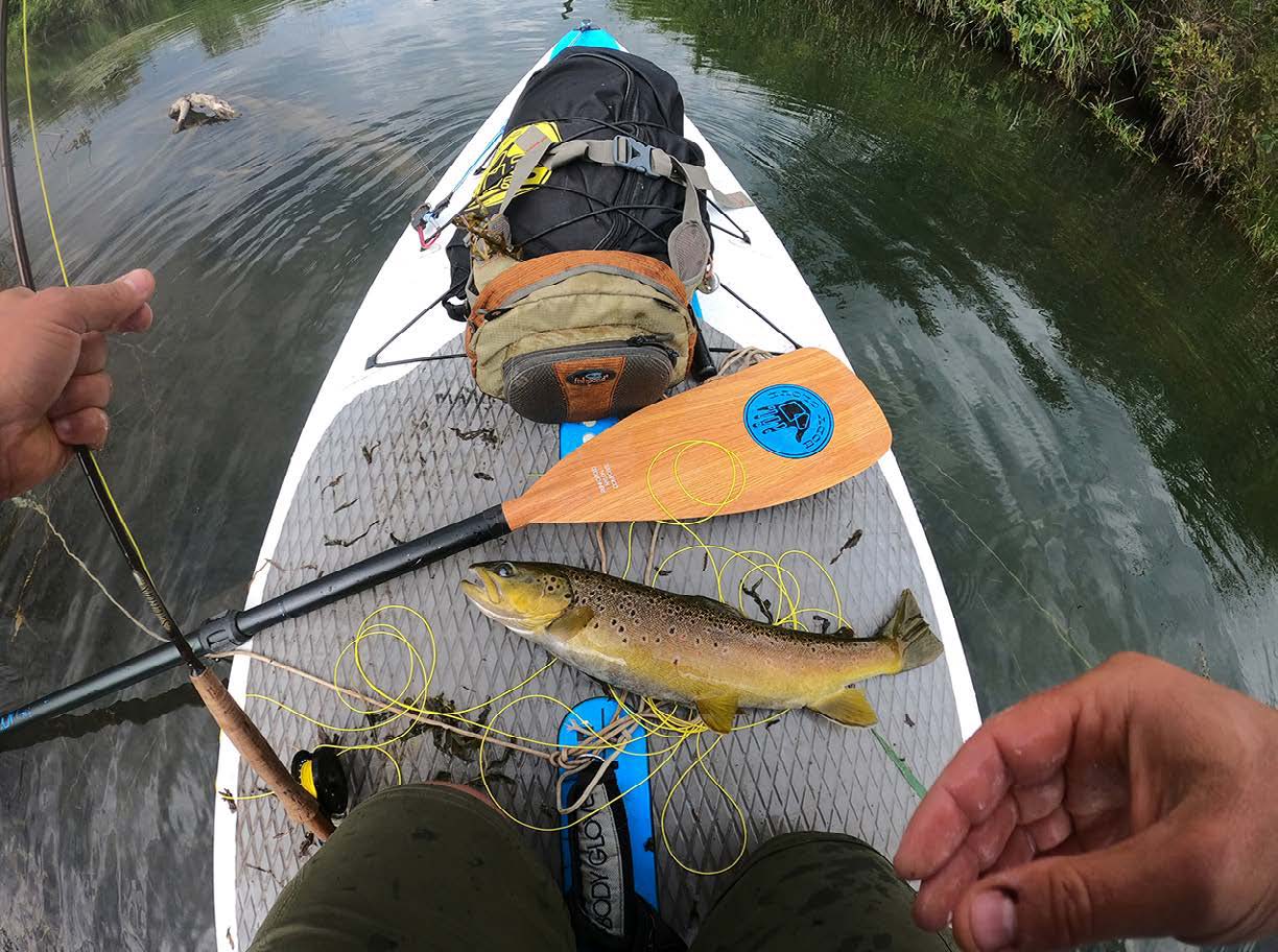 Author fishing from a SUP for brown trout