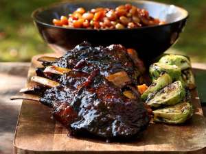 Whiskey Glazed Venison Ribs with Campfire Beans and Orange Charred Brussels Sprouts