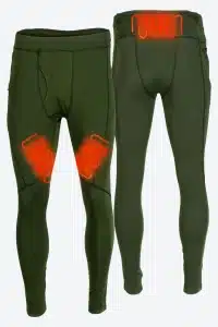 2024-Fieldsheer-Mobile-Warming-Mens-Heated-Baselayer-Pants-Baselite-Forest-Green-Combo-Heated-2x3 1 - North American Deer Hunter Green athletic leggings with embedded red heating elements along the thighs and waistband, highlighted to show heat pads.
