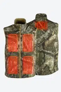 2024-Fieldsheer-Mobile-Warming-Mens-Heated-Vest-APX-Terrain-Combo-Heated-2x3 - North American Deer Hunter Camouflage heated vest with six orange heating pads across the chest and back.