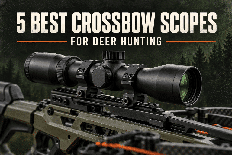 Close-up of a rifle-style crossbow scope mounted on a crossbow, forest backdrop, article title about best scopes for deer hunting.